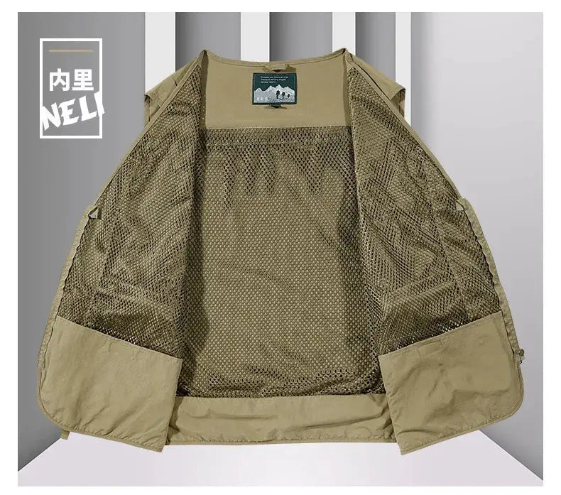 Men's outdoor mesh vest in tan with multiple pockets, breathable sleeveless waistcoat by Simples Market