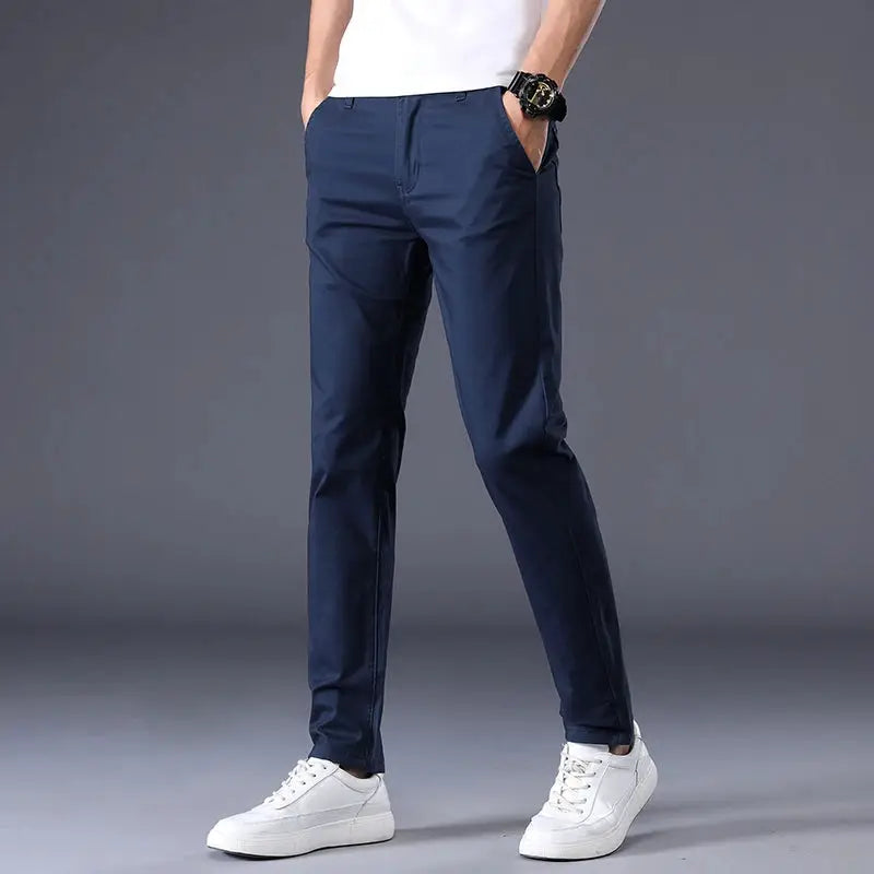 Summer cotton men's casual pants by Simples Market, navy blue, elastic waist, straight slim fit