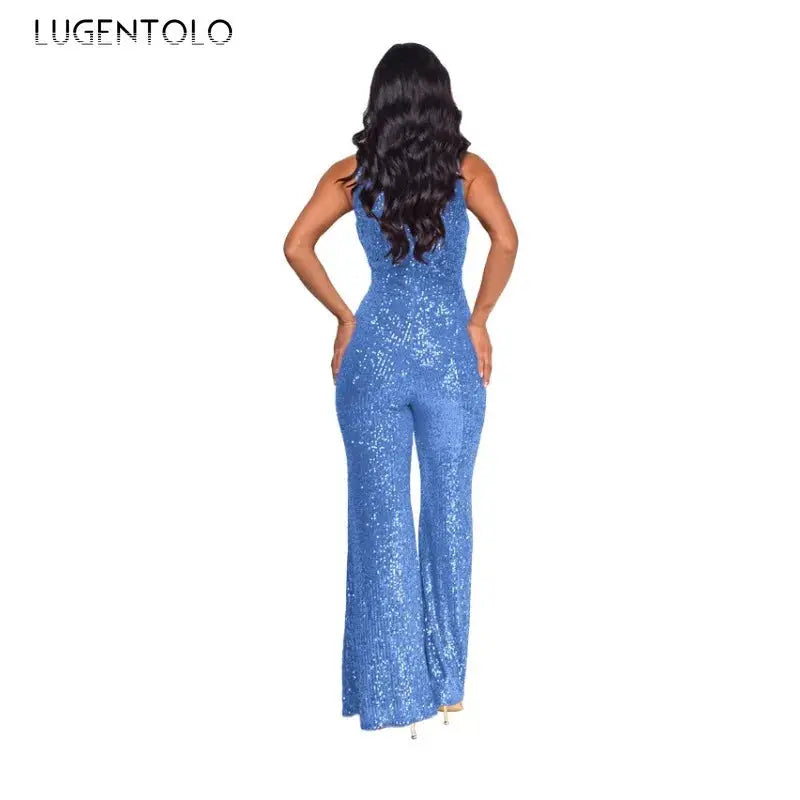 Blue sequin sleeveless jumpsuit for women with high-waist and wide-leg fit, back view