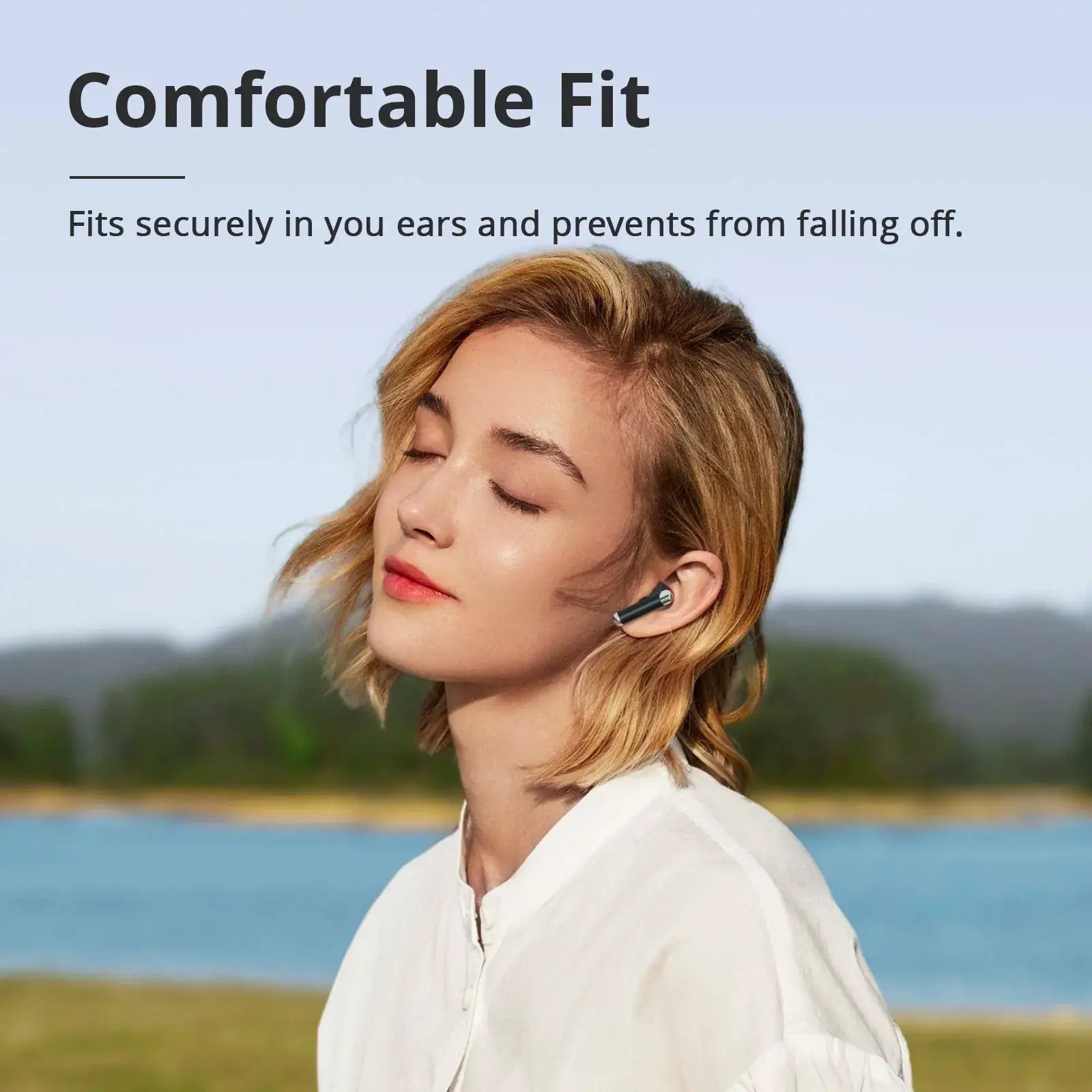 Tronsmart Bluetooth earphones Sounfii R4, black wireless earbuds with quad-mic worn by a woman outdoors