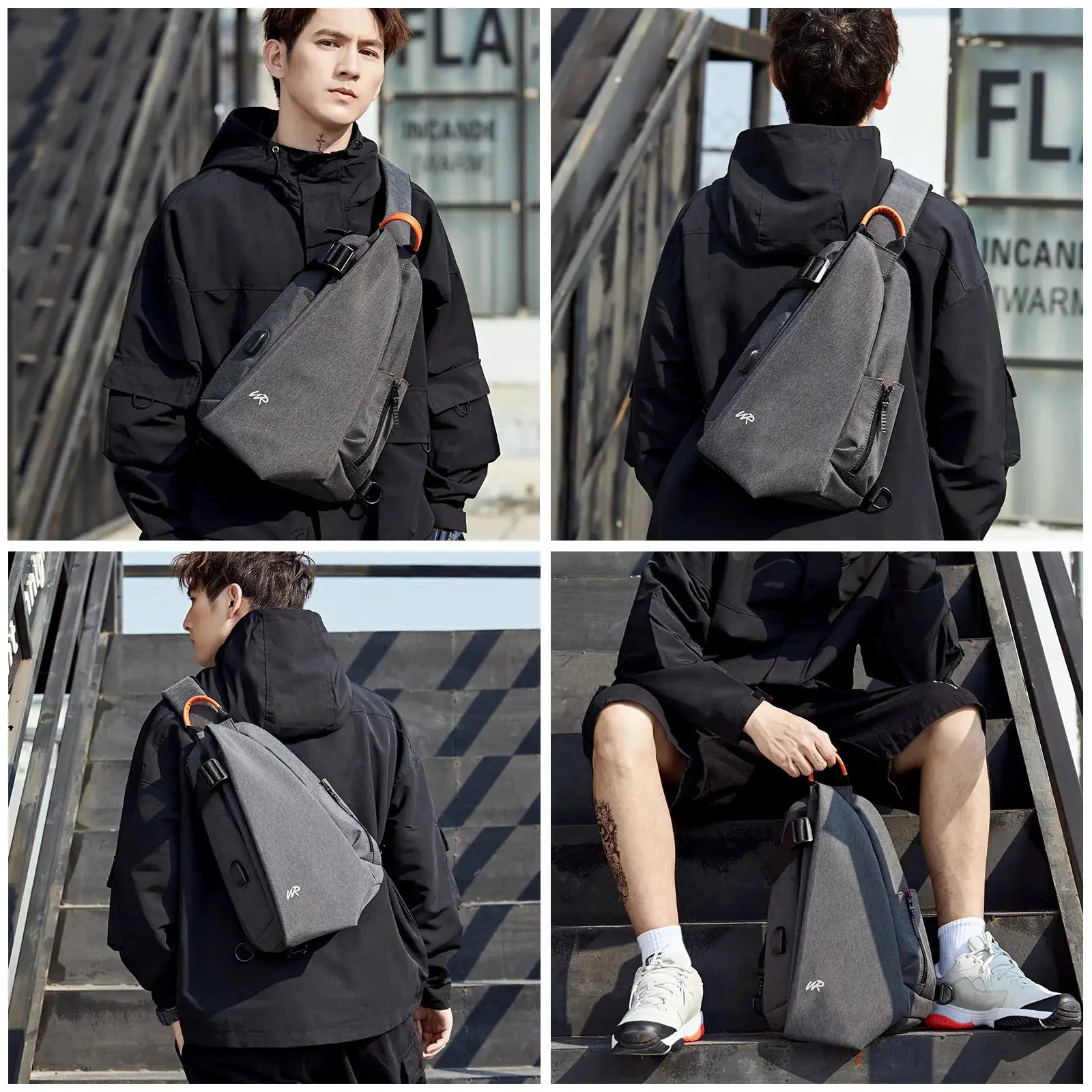 Simples Market anti-theft crossbody sling bag, gray fabric with orange loop, worn across chest over black jacket