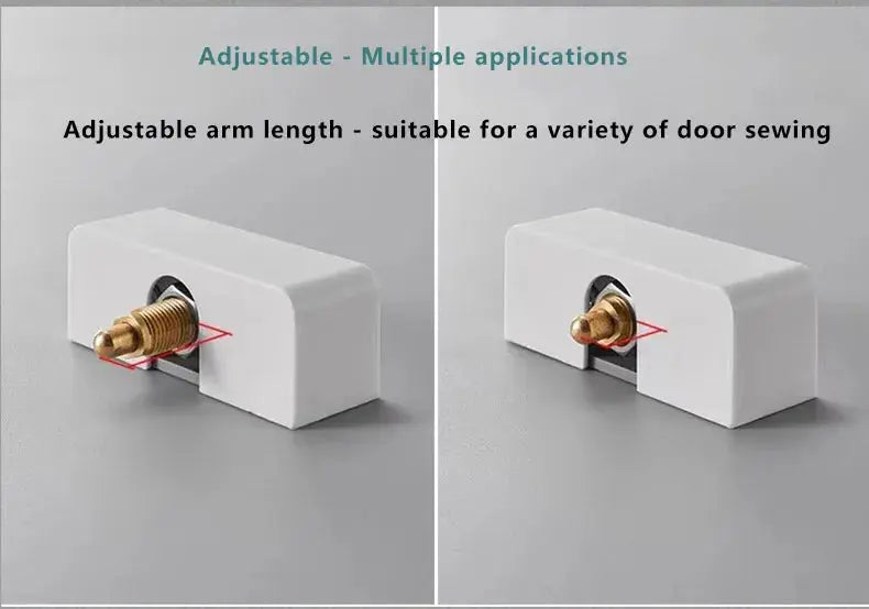 Door buffer damper hydraulic door closer in white rectangular housing with brass adjustment screw; two views.