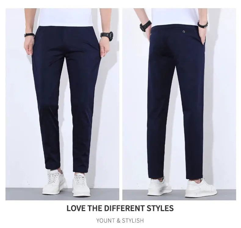 HIQOR men's navy cotton casual pants, breathable long trousers for everyday wear