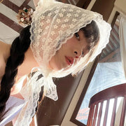White Lace Triangle Scarf for Women Elegant Floral Ribbon Style Breathable Polyester Cotton Blend Travel Accessory