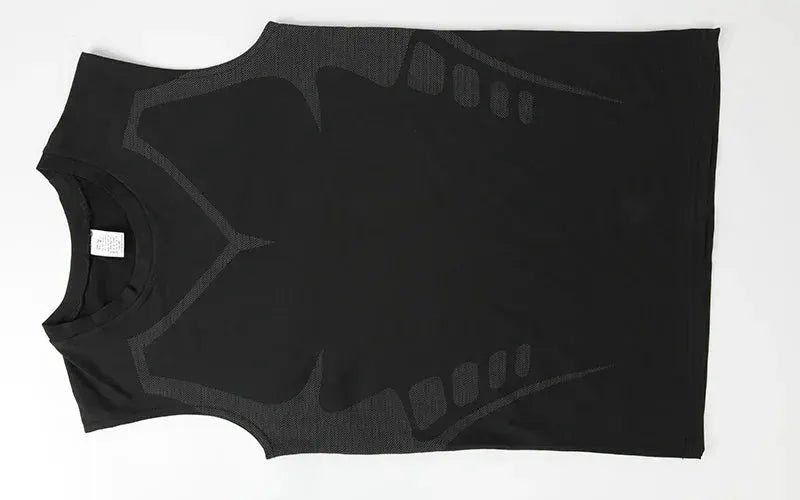 Men's shapewear compression tank top vest, black with grey panel design, sleeveless, round-neck.