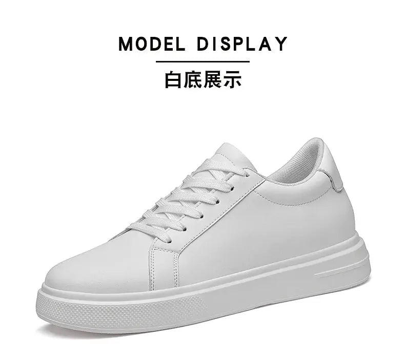 Men's white leather elevator sneakers with lace-up closure and height-increasing insole (6–10 cm)