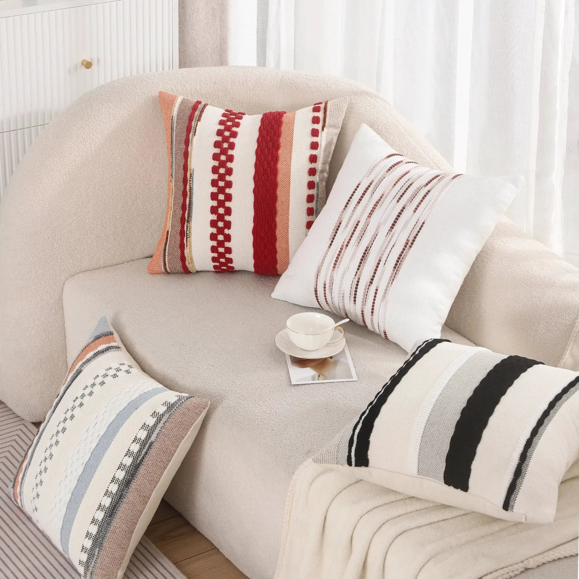 Boho 18x18 pillow cover in chenille with red stripes on cream