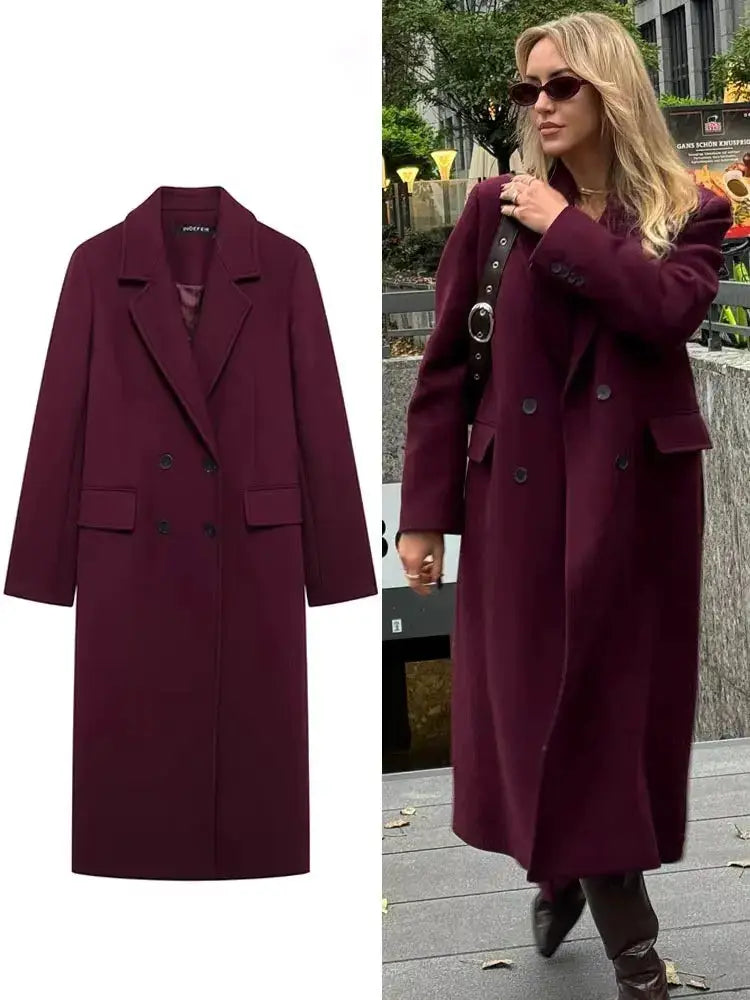 HH Women Burgundy Coat Double Breasted Long Sleeve Lapel Blended Outerwear for Autumn and Winter