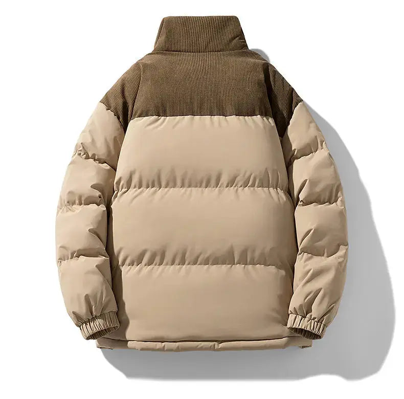 Men's color-block puffer jacket in beige with brown corduroy yoke