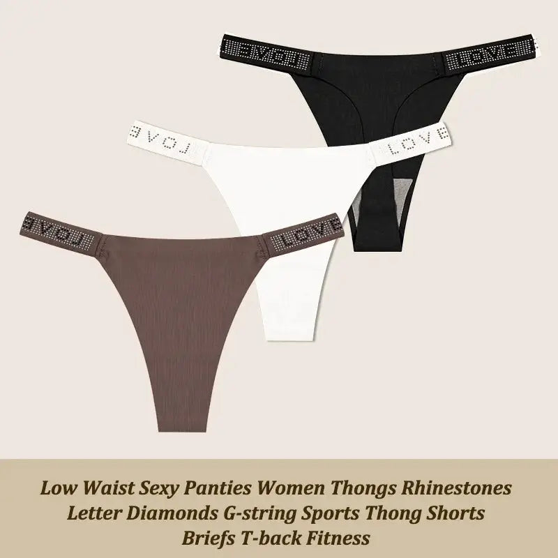 Three-piece set of low-rise thong panties in black, white, and brown with rhinestone LOVE waistband