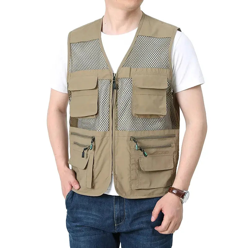 Simples Market men's quick-drying mesh fishing vest with multiple pockets, khaki