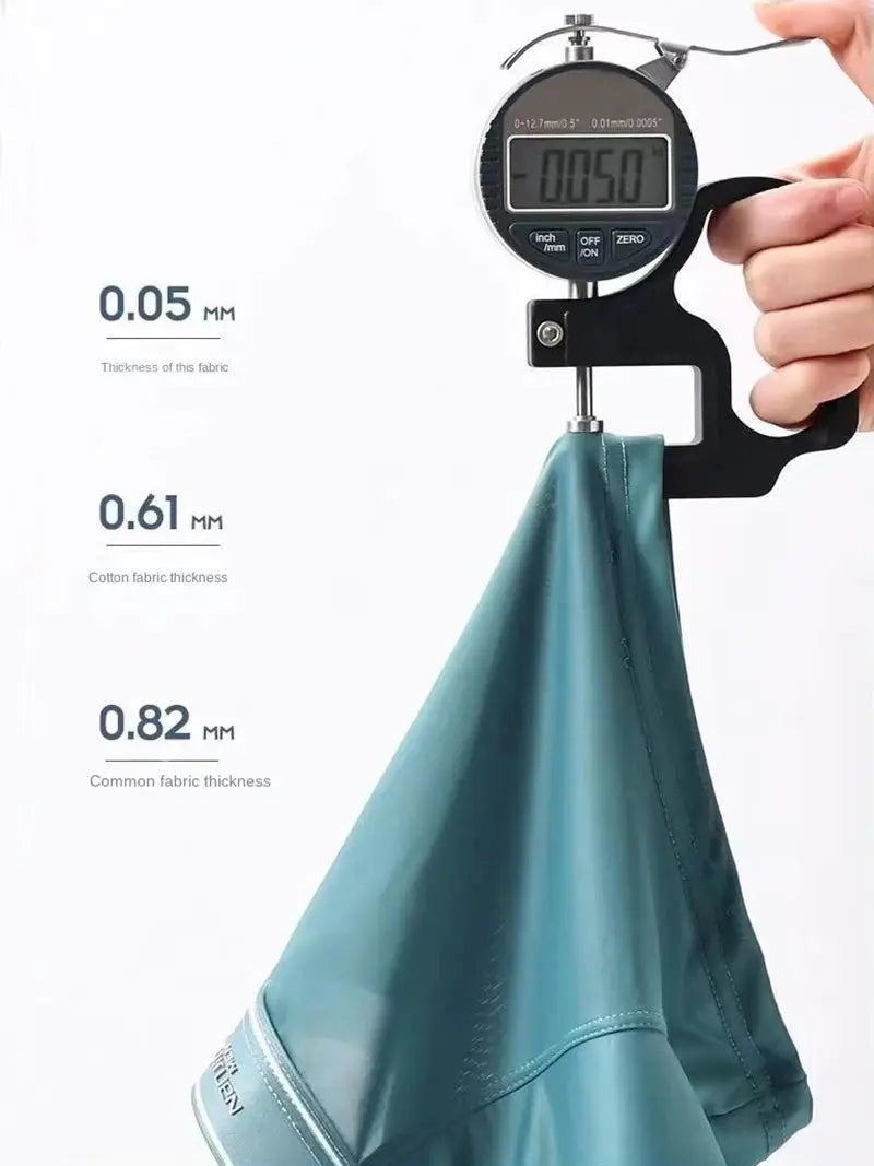 Simples Market ice silk men's boxer shorts teal fabric swatch with fabric thickness gauge readings