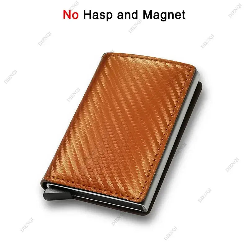 Simples Market anti-RFID carbon fiber card holder; brown minimalist wallet with mini automatic pop-up cardholder