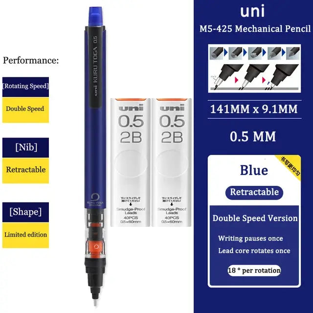 UNI Kurutoga M5-452 blue mechanical pencil 0.5mm with rotating lead; includes two refill packs
