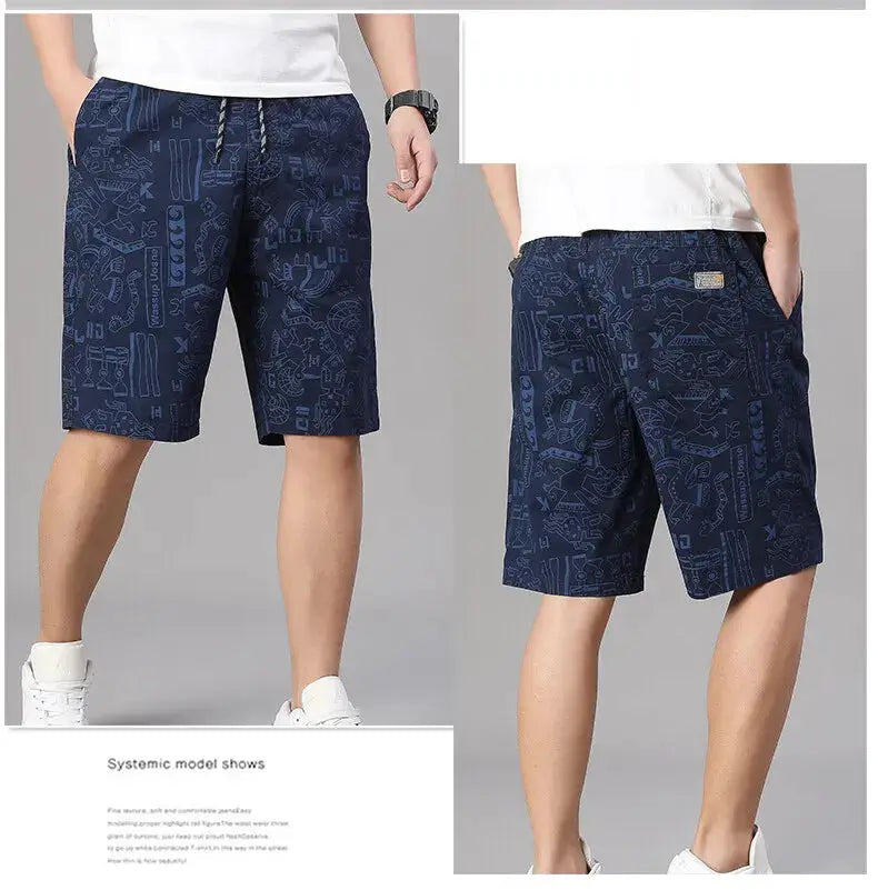 Men's navy printed cotton shorts with elastic waist for casual relaxed fit; Simples Market label on back pocket.