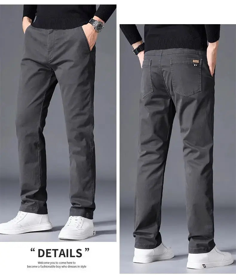 Men's gray cotton pants with a straight leg, elastic waistband, and side pockets; front and back views.