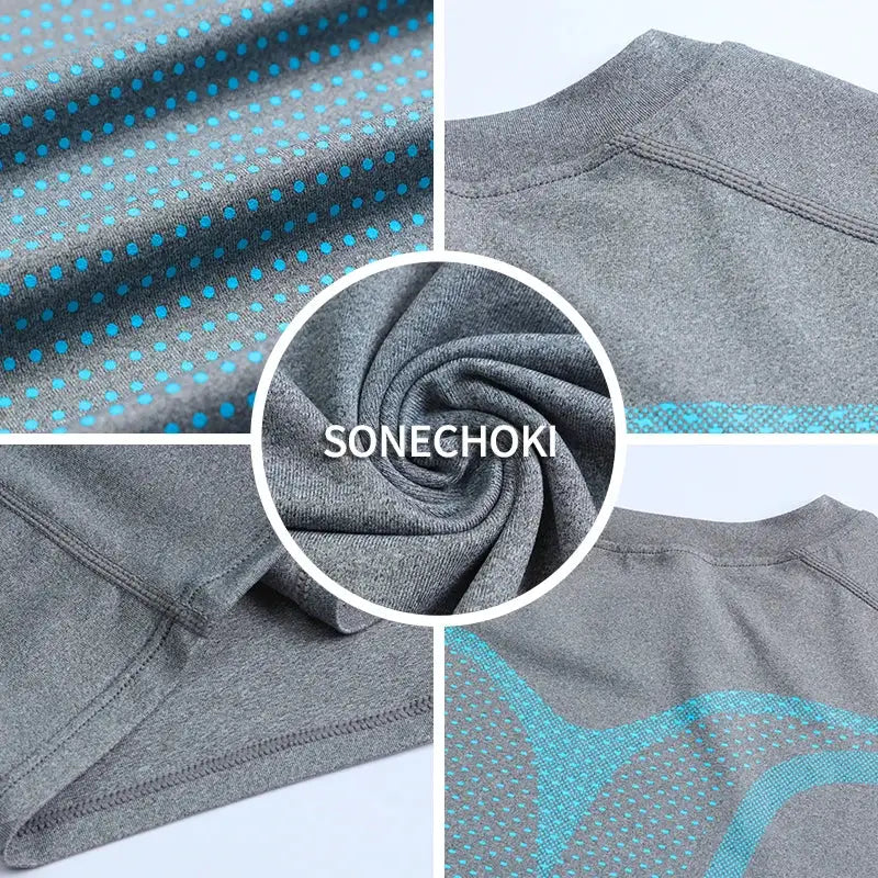 Men's gray compression tank top with turquoise dotted pattern and SONECHOKI branding