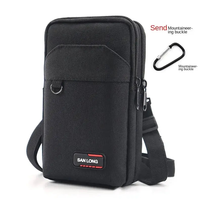 Men's tactical waist pack by San Long, black nylon crossbody bag with phone pouch and carabiner.