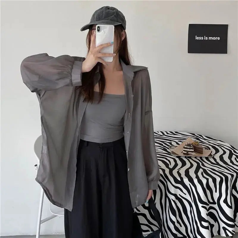 Xpqbb women's white chiffon shirt with sheer long sleeves, loose single-breasted blouse