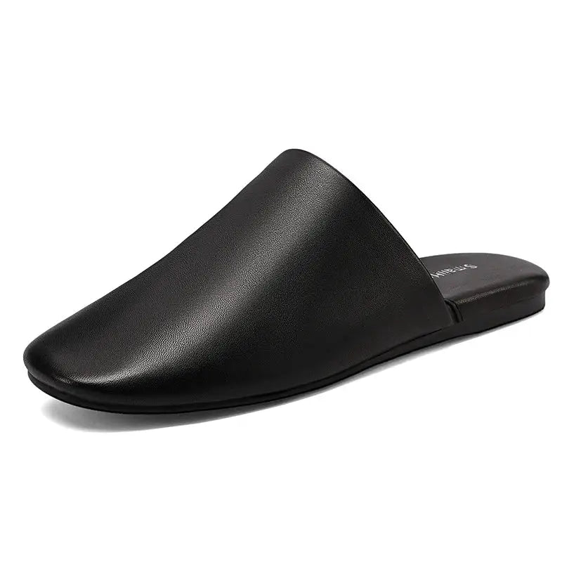 Simples Market black leather women's closed-toe mule slippers with flat sole.