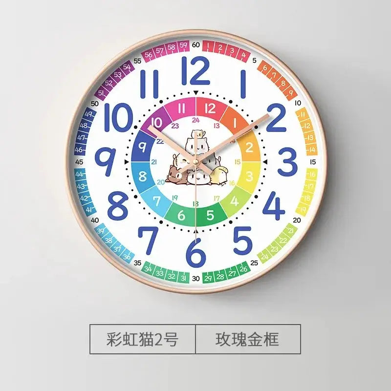 8-inch silent teaching clock for kids with rainbow inner ring and cat illustration, rose-gold frame