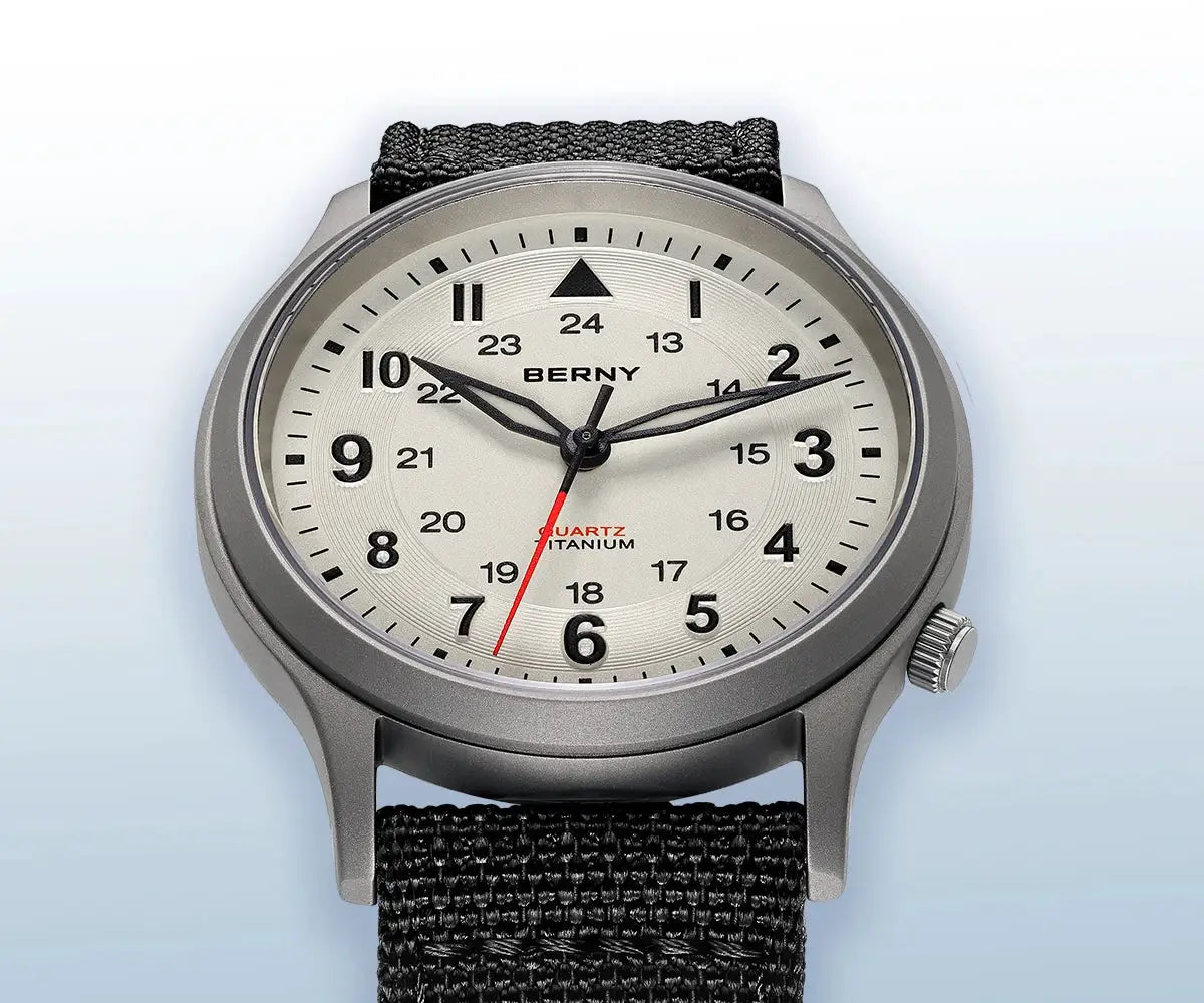 BERNY titanium men's watch with white dial, black numerals, red second hand, gray case, black fabric strap