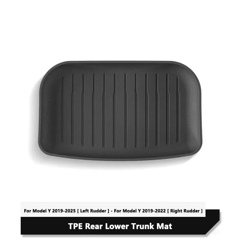 TPE rear lower trunk mat by Simples Market for Tesla Model Y, black ribbed cargo liner.