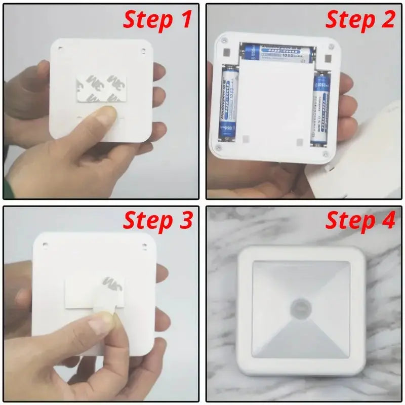 White square motion-sensor LED night light by Simples Market, battery-powered wireless wall lamp for closet and bathroom