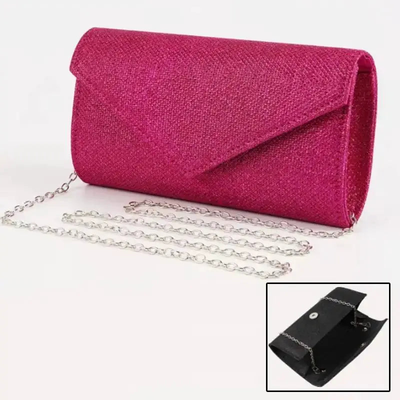 Pink glitter envelope evening bag with silver chain strap, women's party clutch.