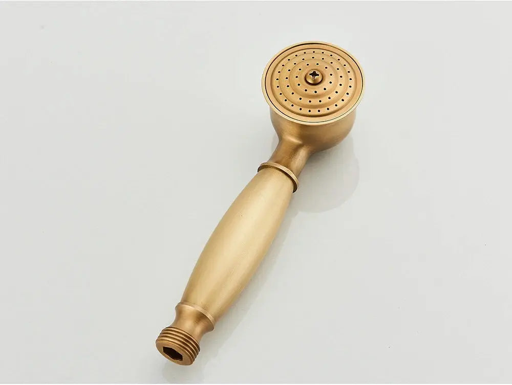 Antique brass handheld shower head with perforated face and threaded hose connector