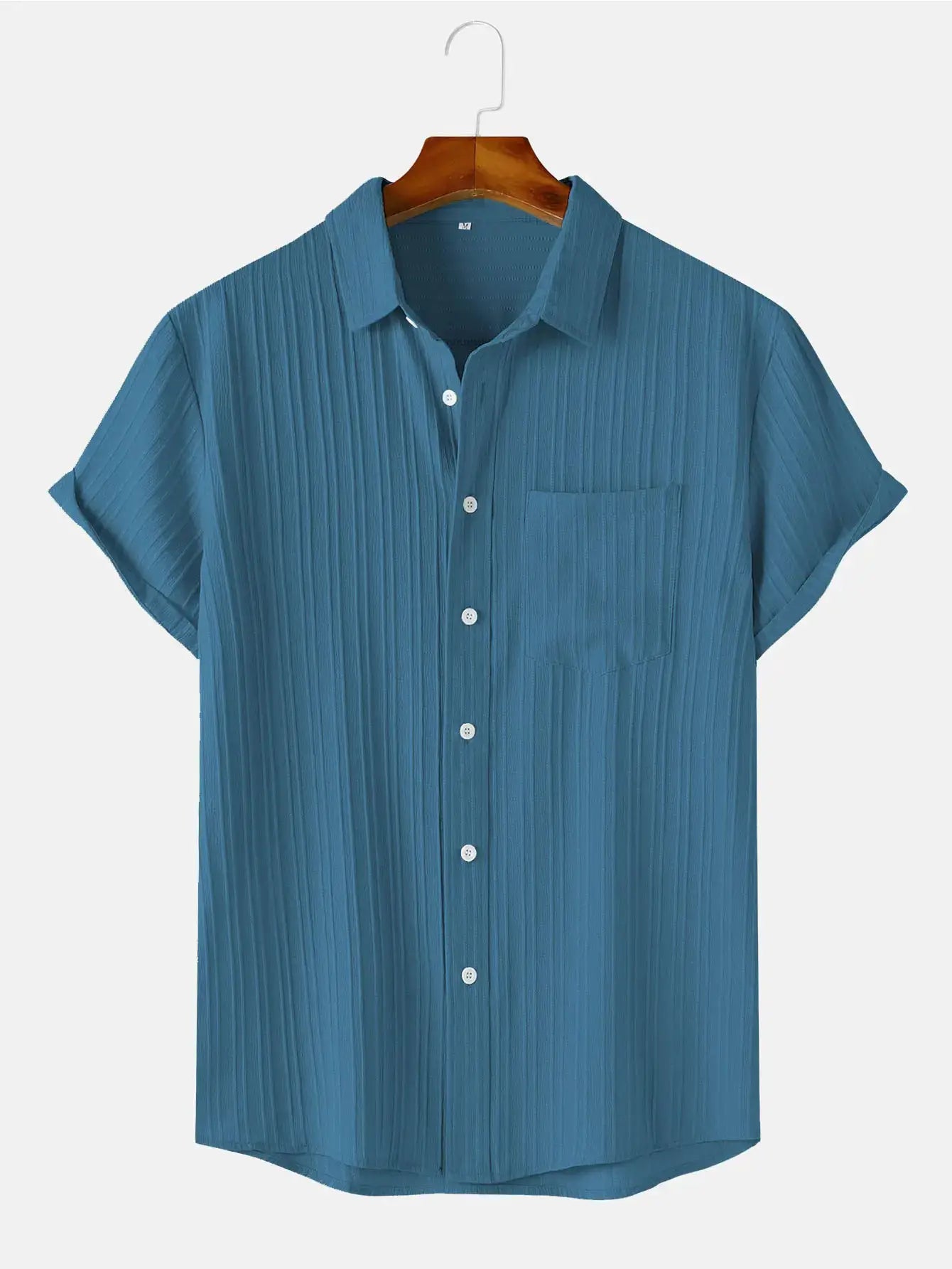 Men's short-sleeve teal shirt, solid color with button-front and chest pocket, Simples Market