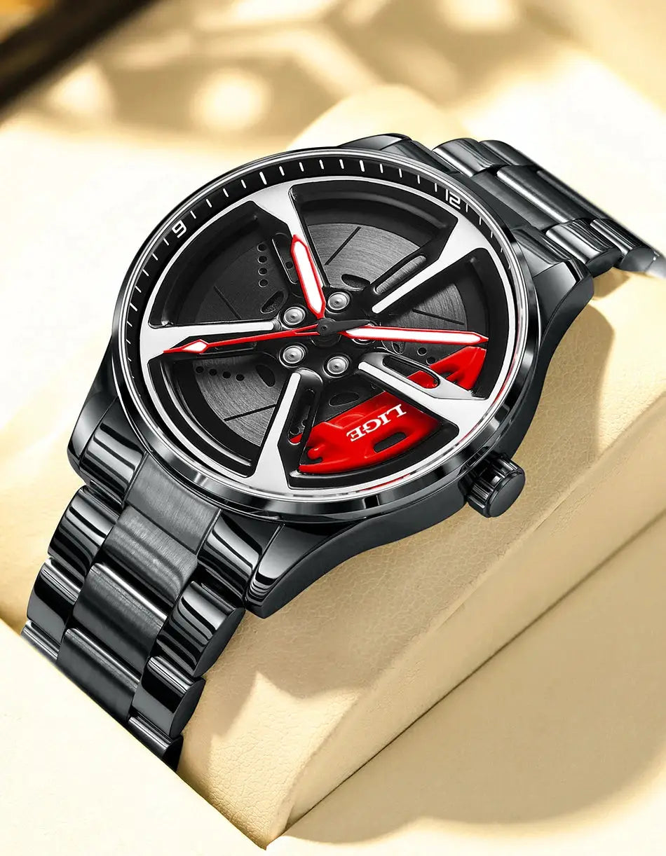 LIGE sport watch with a 3D car-wheel dial, stainless steel bracelet, black with red accents