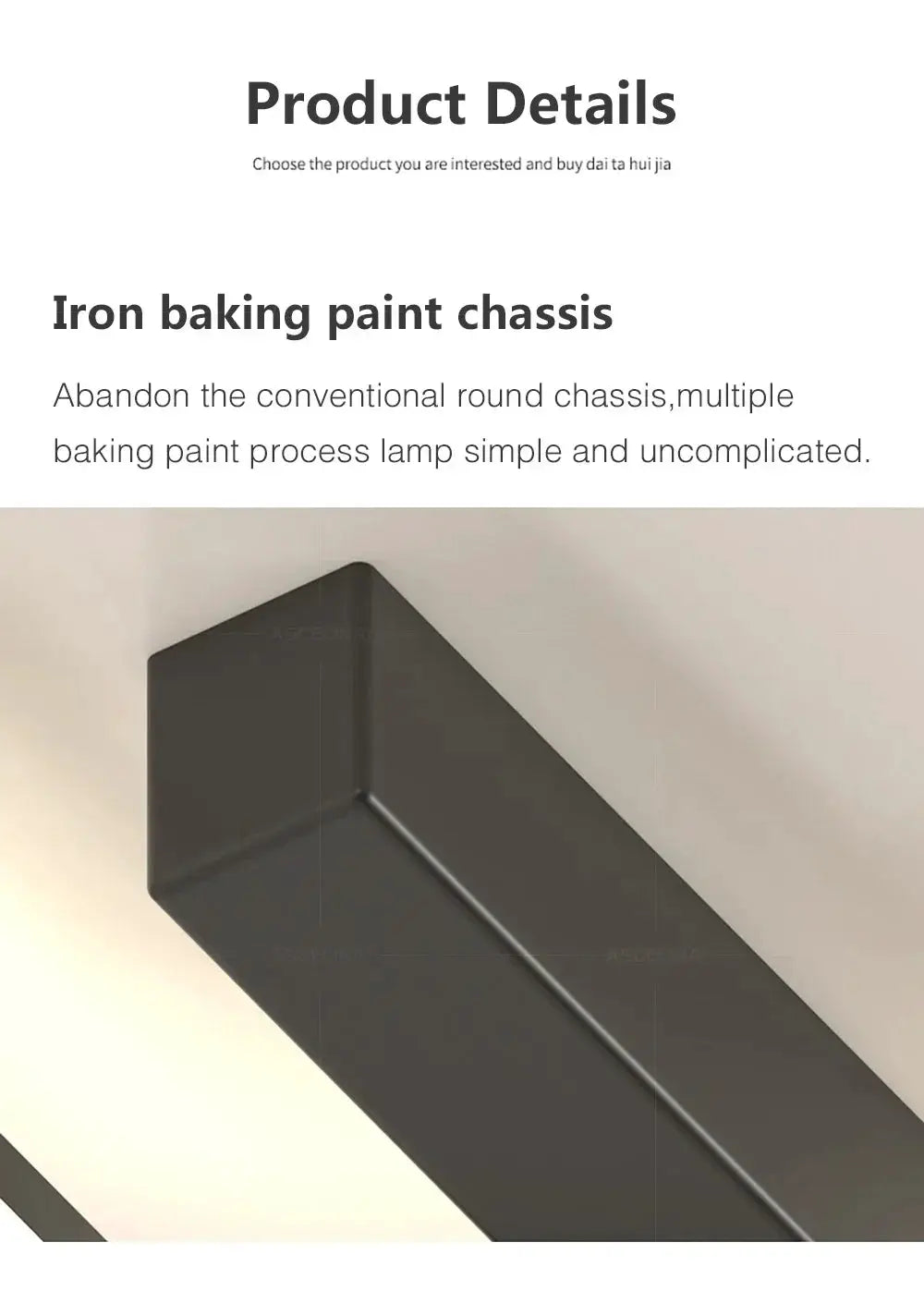 Modern LED ceiling light with dark iron baking-paint chassis and diagonal rectangular design