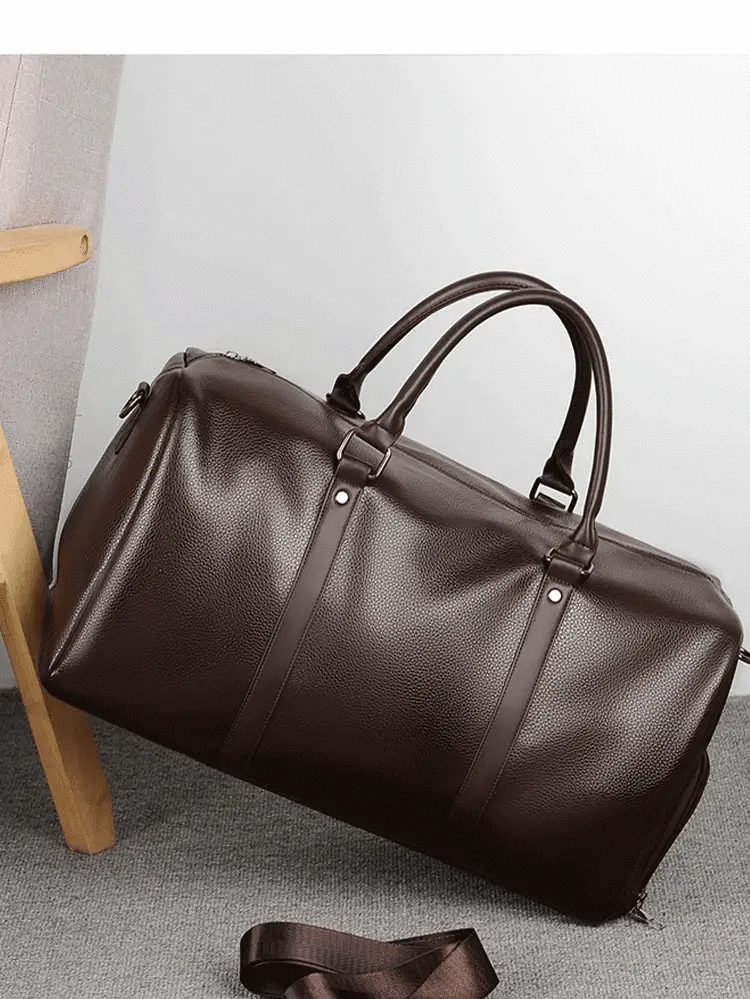 Brown PU leather duffel bag with two top handles and shoulder strap, large capacity