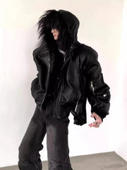 Mauroicardi black PU leather jacket with faux fur hood, oversized fit