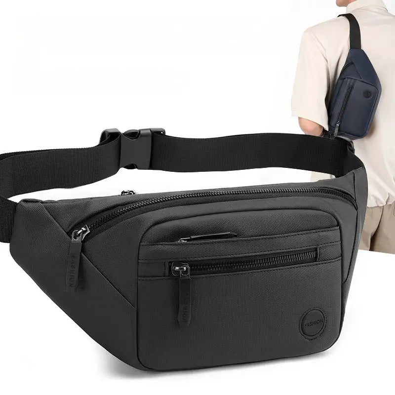 Unisex waterproof waist bag, black nylon with zip pockets and adjustable strap; two bags shown, blue variant on model.