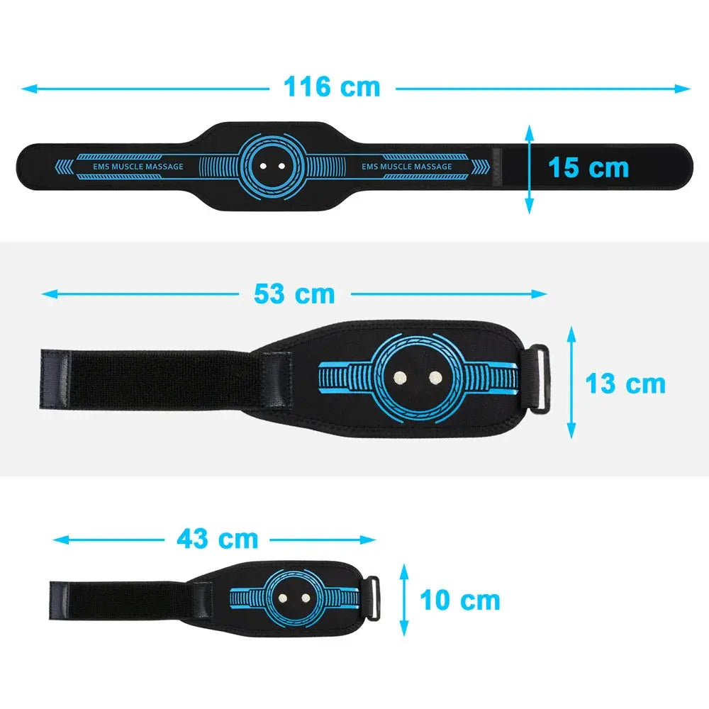 EMS Belt Massage Set by Simples Market; black USB charging abdominal trainer with blue circuit graphics, three sizes.
