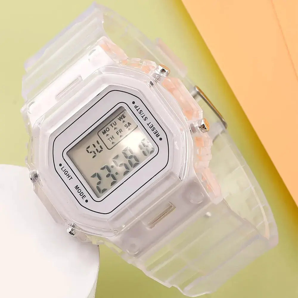 LED digital watch with transparent silicone strap and clear case by Simples Market