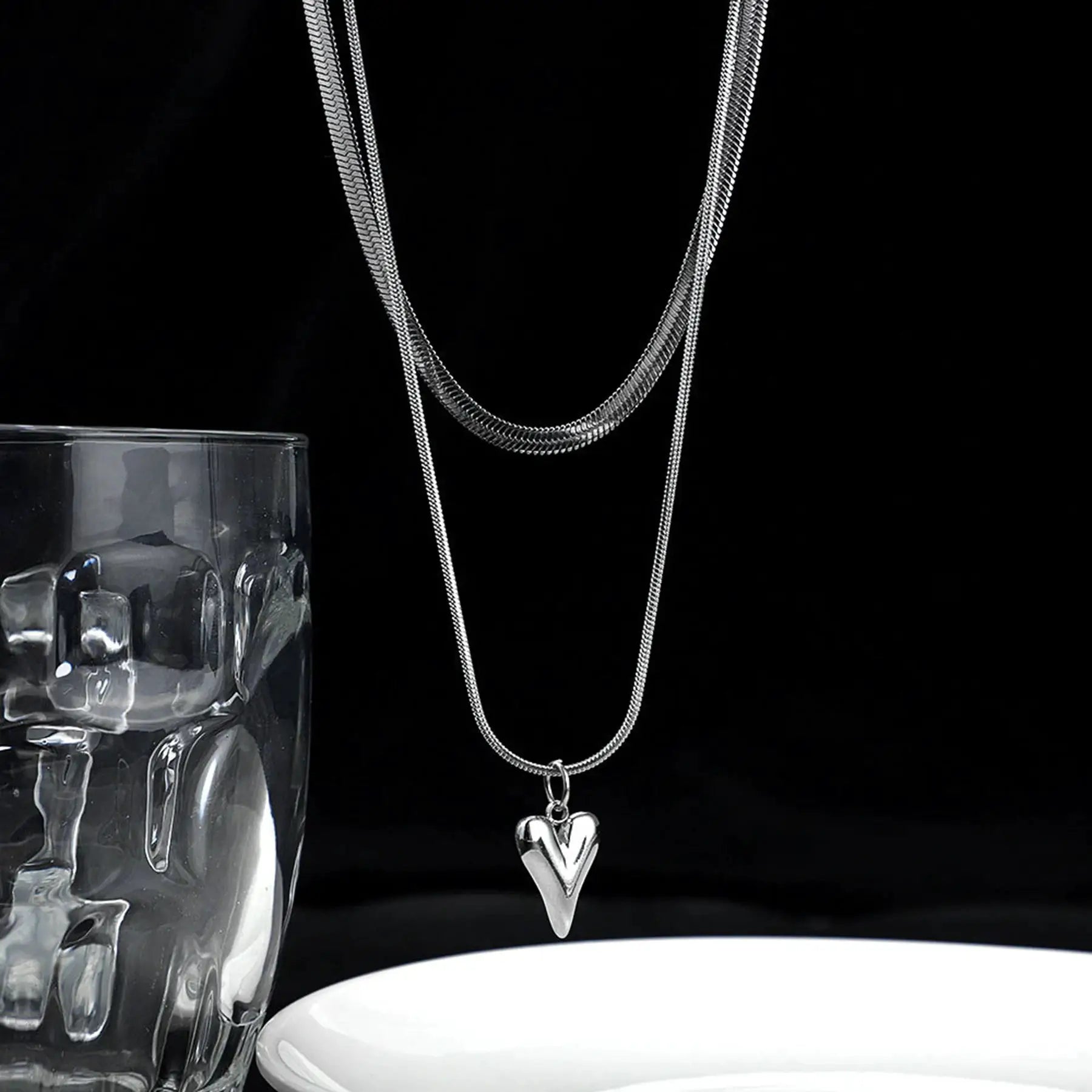 Seakissky Double Layer Stainless Steel Necklace With Love Heart Pendant Simple Stylish Gift For Women