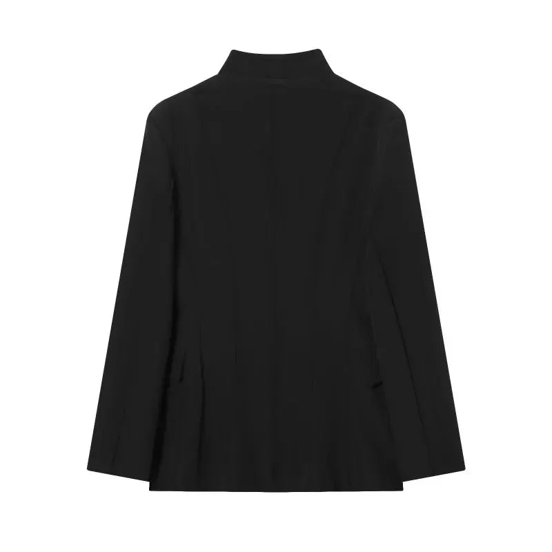 ETJ 2025 women's slim black suit jacket with high collar, back view - Simples Market