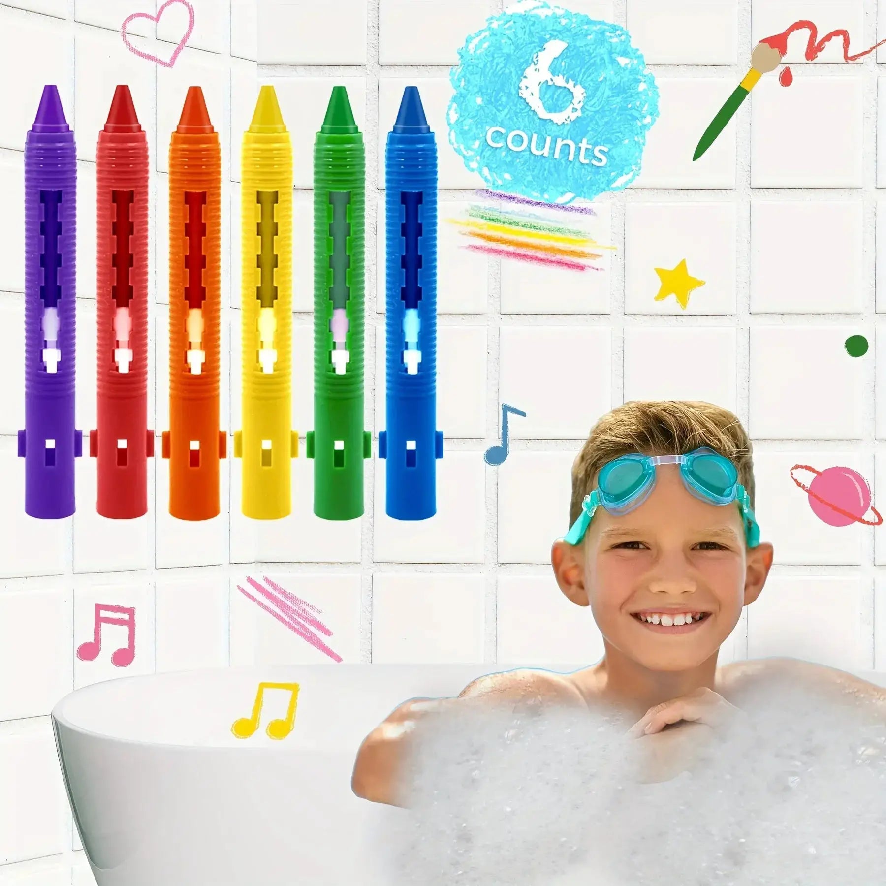 Washable Bath Crayons Set—Simples Market; six colorful tub markers for kids