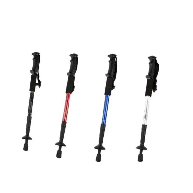 Trekking poles, Simples Market, foldable ultralight with shock absorption, set of 4 in black, red, blue, and silver.
