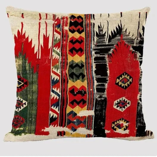 Bohemian linen cushion cover with multicolor geometric print by Simples Market.
