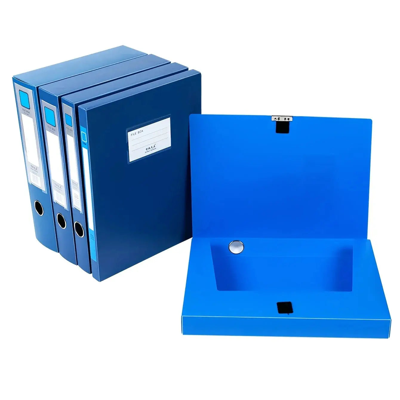 Three blue PP A4 file folders and a foldable storage box by Simples Market; large-capacity office/school set