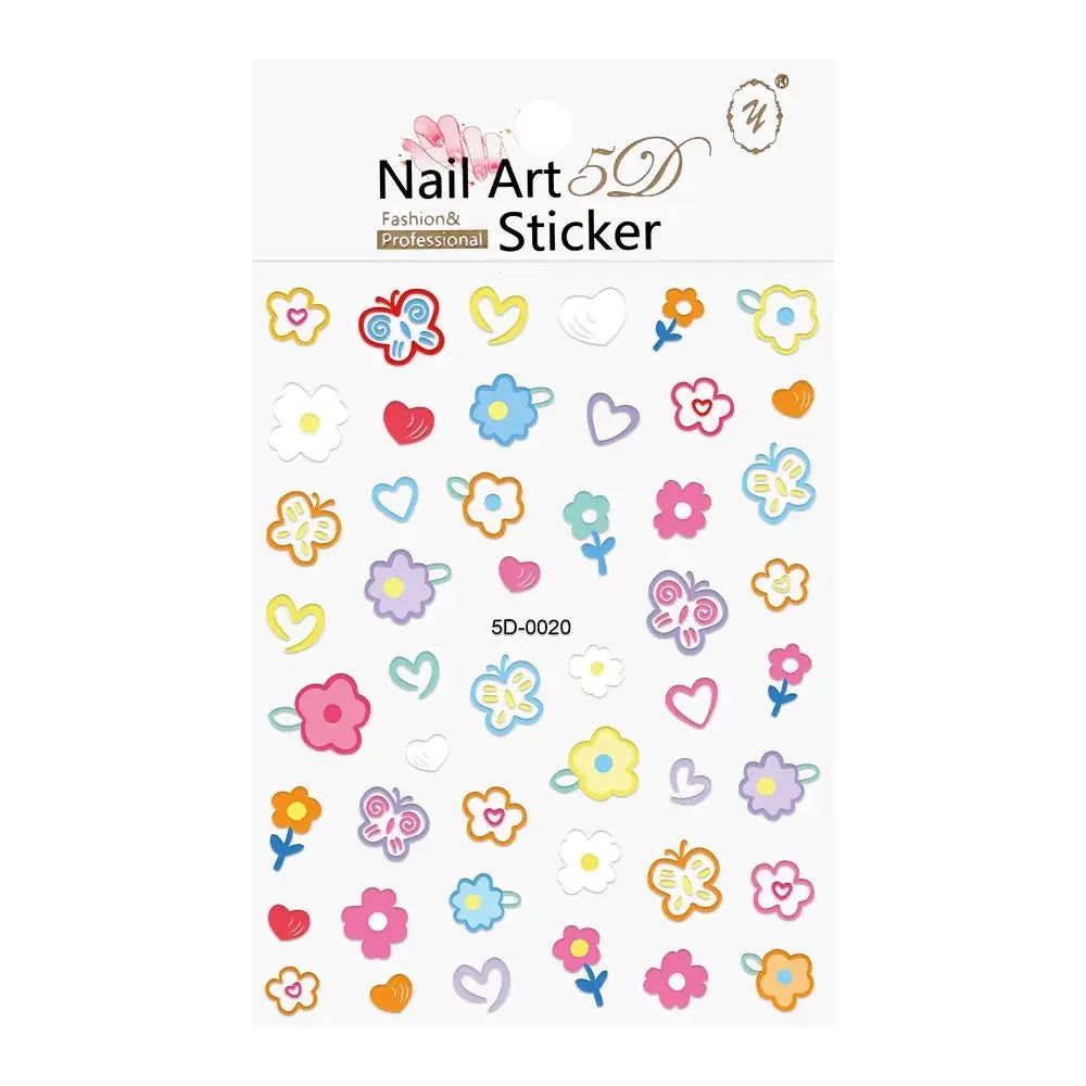 5D Nail Art Sticker sheet from Simples Market featuring colorful flowers, hearts, and butterflies for manicure