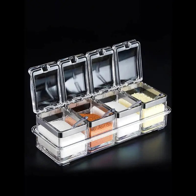 4 Pack Transparent Acrylic Spice Storage Boxes With Lids And Spoons For Kitchen Organization And Dry Goods