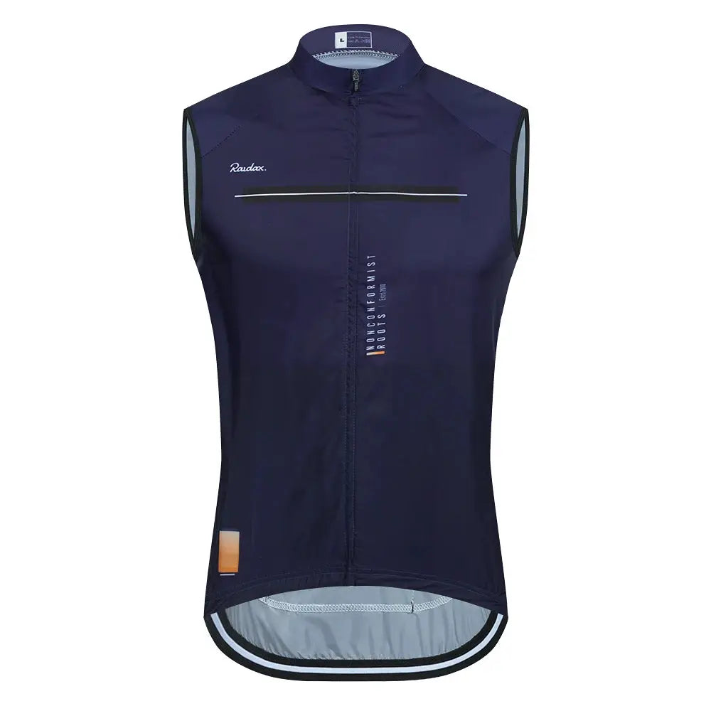 Raudax men's navy sleeveless cycling vest with mesh interior, windproof front zipper and reflective stripe