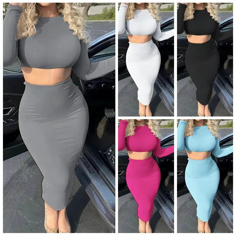 Womens Long Sleeve Crop Top And Mid Calf Skirt Suit 2 Piece Set