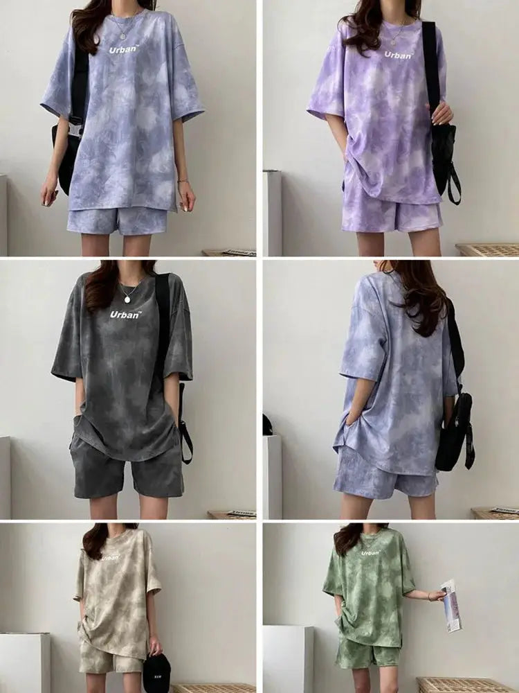 Women Tie Dye T Shirt And Wide Leg Shorts Set Casual With Pockets