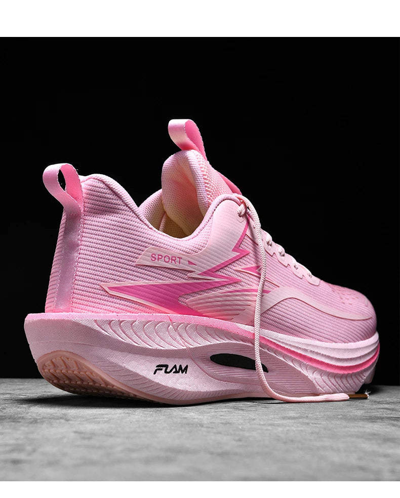 Pink running shoe with air cushion, breathable lightweight design